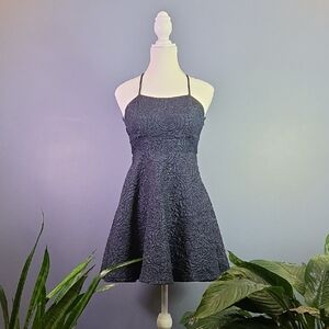 Rose Textured Navy Fit & Flare Halter Dress XS